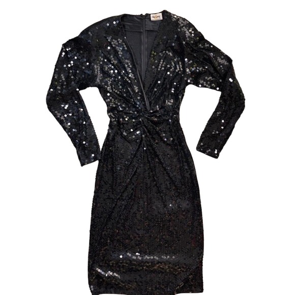 Oleg Cassini Dresses & Skirts - Oleg Cassini Vintage Black Sequin V-Neck Long Sleeve Midi Cocktail Dress Womens